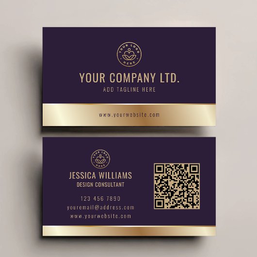 Aangepaste Logo Elegante Paarse Gouden QR Code Visitekaartje