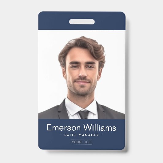 Aangepaste logo en foto donkerblauwe werknemer naa badge (Voorkant)