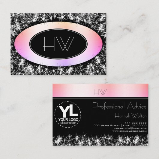 Aangepaste Logo en monogram Lamurous Glitter Stars Visitekaartje (Voorkant / Achterkant)