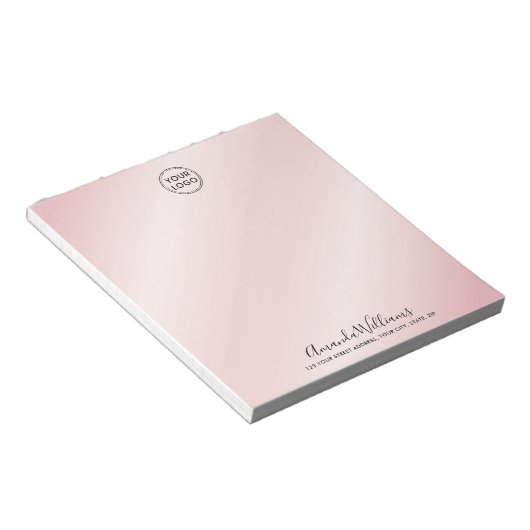 Aangepaste logo en naam bedrijf adres roze notitieblok (Schuin)