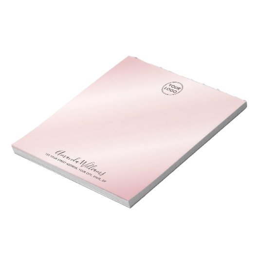 Aangepaste logo en naam bedrijf adres roze notitieblok (Linkerzijde)