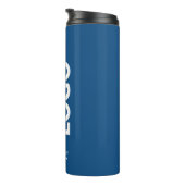 Aangepaste Logo en tekst op blauw Thermosbeker (Geroteerd rechts)