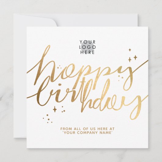 Aangepaste Logo Faux Gold Hand Script White Birthd Kaart (Voorkant)