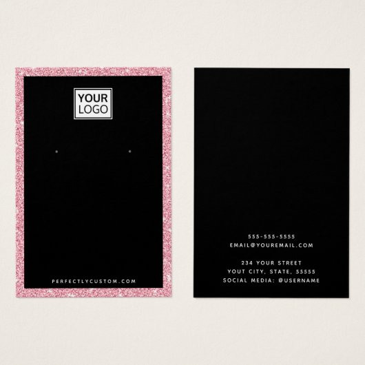 Aangepaste logo faux roze glitter earing display c visitekaartje (Voorkant /achterkant)