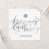 Aangepaste Logo Faux Silver Hand Script White Birt Kaart (Voorkant / Achterkant in situ)