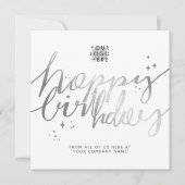 Aangepaste Logo Faux Silver Hand Script White Birt Kaart (Voorkant)