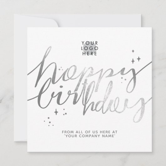 Aangepaste Logo Faux Silver Hand Script White Birt Kaart (Voorkant)