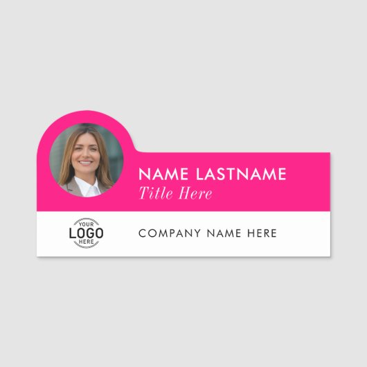 Aangepaste Logo Foto-ID Titel Bright Pink Business Naamplaatje (Voorkant)