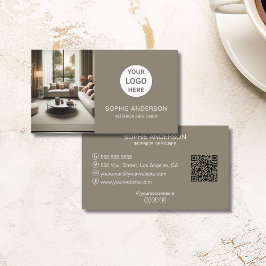 Aangepaste Logo Foto QR Social Media Taupe Visitekaartje
