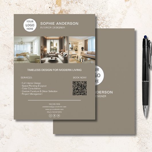 Aangepaste Logo Foto QR Taupe Professioneel Bedrij Flyer
