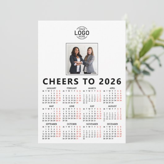Aangepaste Logo Foto Witte Kalender 2026 Zakelijk Feestdagenkaart (Staand voorkant)