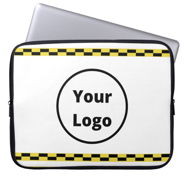 Aangepaste logo gele en zwarte blokken laptop sleeve (Voorkant)