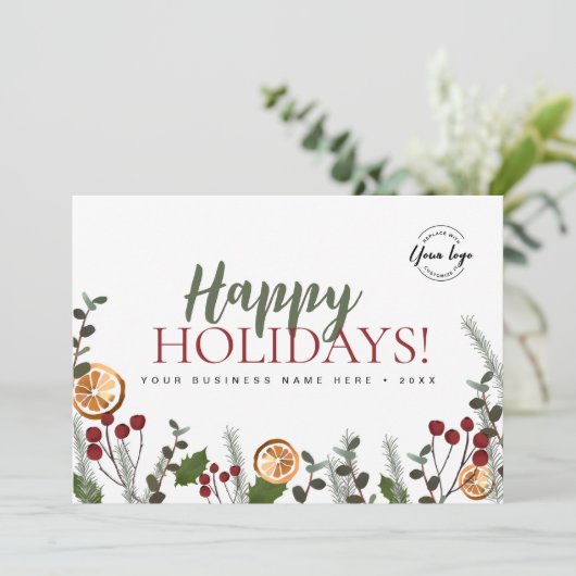 Aangepaste logo Happy Holiday Christmas Foliage Feestdagenkaart (Staand voorkant)