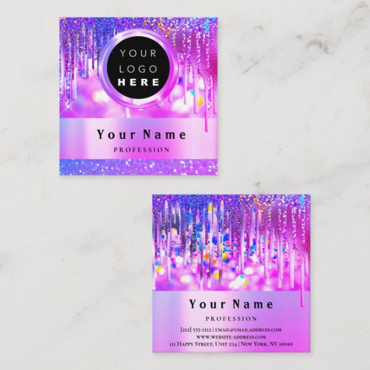 Aangepaste Logo holografische roze glitterschijven Vierkante Visitekaartje (Voorkant / Achterkant)