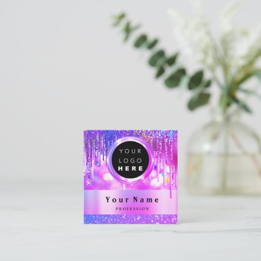 Aangepaste Logo holografische roze glitterschijven Vierkante Visitekaartje (Staand voorkant)
