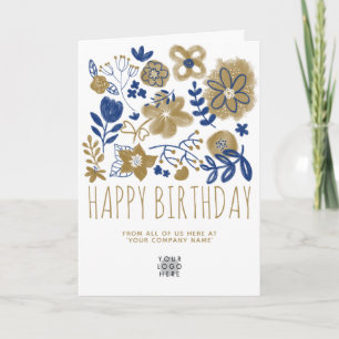 Aangepaste Logo marine Blue Gold Flowers Happy Bir Kaart