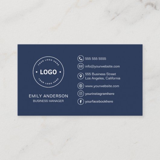 Aangepaste Logo Minimal Navy Blue Professional Visitekaartje (Voorkant)