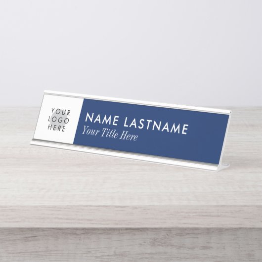 Aangepaste Logo minimalistische marineblauwe titel Bureau Naambordje (Voorkant)