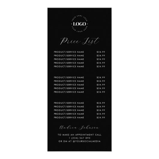 Aangepaste logo minimalistische zwarte script prij reclamekaart (Voorkant)