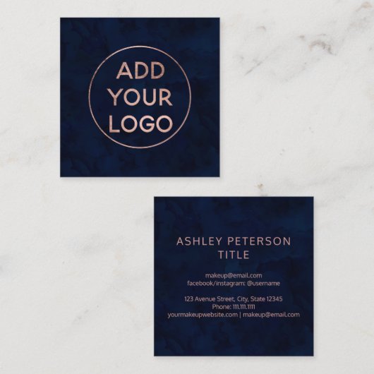 Aangepaste logo moderne roos gouden marineverblauw vierkante visitekaartje (Voorkant / Achterkant)