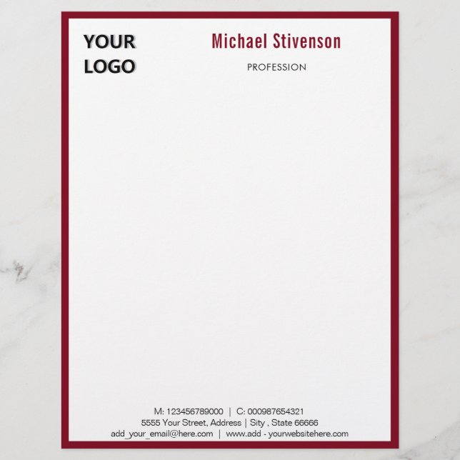 Aangepaste Logo Naam Adres Tekst Info Letterhead Briefhoofd (Voorkant)
