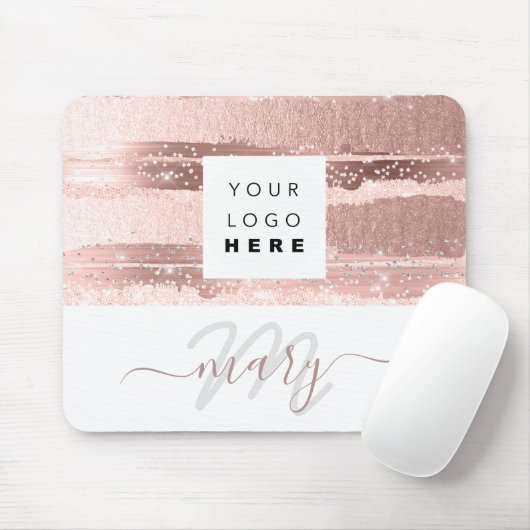 Aangepaste Logo-naam Monogram Roos Roze strepen Muismat (Met muis)