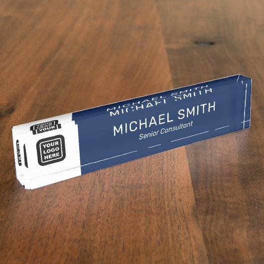 Aangepaste Logo Naam Titel Elegant Navy Blue Naambordje (Zijkant)