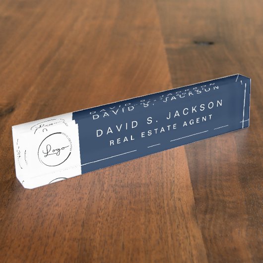 Aangepaste Logo Navy Blue Elegant Professional Naambordje (Zijkant)