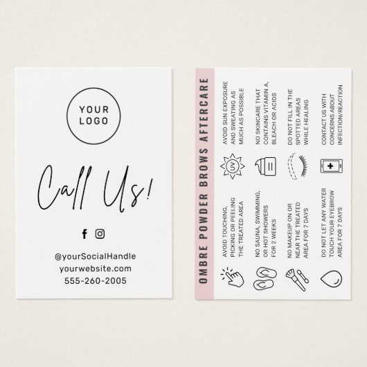 Aangepaste Logo Ombre Powder Brow Aftercare Kaart (Voorkant /achterkant)