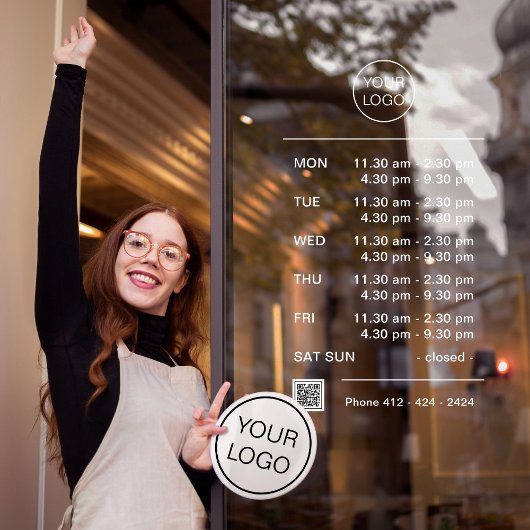 Aangepaste logo openingsuren met pauze QR-code Raamsticker