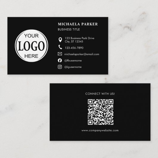 Aangepaste logo pictogrammen Modern Zwart QR-code Visitekaartje (Voorkant / Achterkant)
