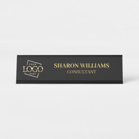Aangepaste Logo | Professionele Black Gold minimal Bureau Naambordje (Voorkant)