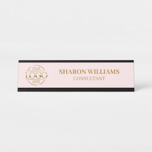 Aangepaste Logo | Professionele Blush Roze Minimal Bureau Naambordje (Voorkant)