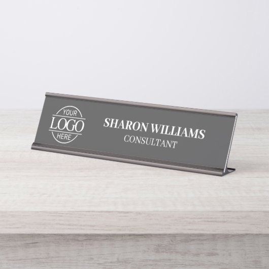 Aangepaste Logo | Professionele donkergrijze minim Bureau Naambordje (Voorkant)