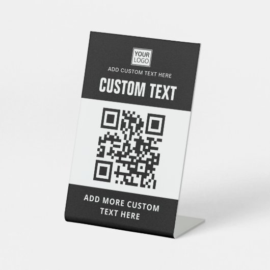 Aangepaste logo, QR-code en tekst zwart-wit Reclamebord Met Voetstuk (Voorkant)