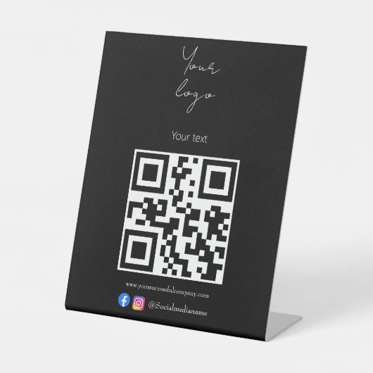 Aangepaste logo, QR-code en tekst zwart-wit Reclamebord Met Voetstuk (Voorkant)