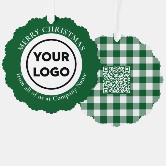 Aangepaste Logo QR Code Groen Wit Gingham Kerst Ornament Kaart (Voorkant / Achterkant)