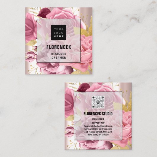 Aangepaste Logo QR CODE Roos Gold Floral Beauty Vierkante Visitekaartje (Voorkant / Achterkant)