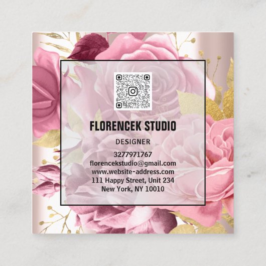Aangepaste Logo QR CODE Roos Gold Floral Beauty Vierkante Visitekaartje (Achterkant)