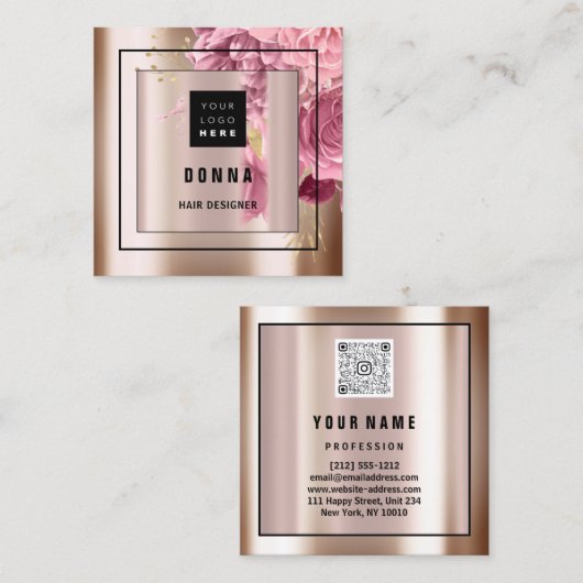 Aangepaste Logo QR CODE Roos Gold Formed Floral Vierkante Visitekaartje (Voorkant / Achterkant)