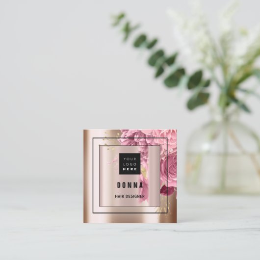 Aangepaste Logo QR CODE Roos Gold Formed Floral Vierkante Visitekaartje (Staand voorkant)