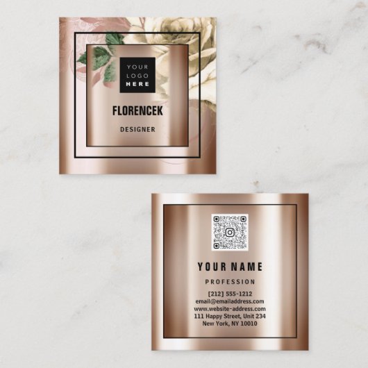 Aangepaste Logo QR CODE Roos Gold Green Ivory Vierkante Visitekaartje (Voorkant / Achterkant)
