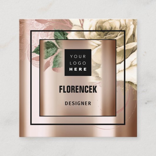 Aangepaste Logo QR CODE Roos Gold Green Ivory Vierkante Visitekaartje (Voorkant)