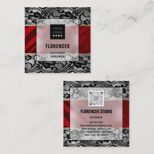 Aangepaste Logo QR CODE Silver Grey Black Red Lace Vierkante Visitekaartje (Voorkant / Achterkant)