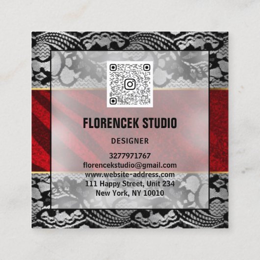 Aangepaste Logo QR CODE Silver Grey Black Red Lace Vierkante Visitekaartje (Achterkant)