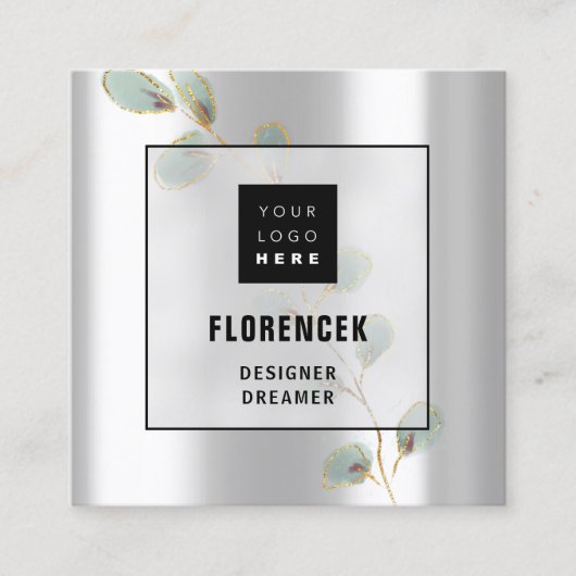 Aangepaste Logo QR CODE Silver Grey Gold Leafs Vierkante Visitekaartje (Voorkant)