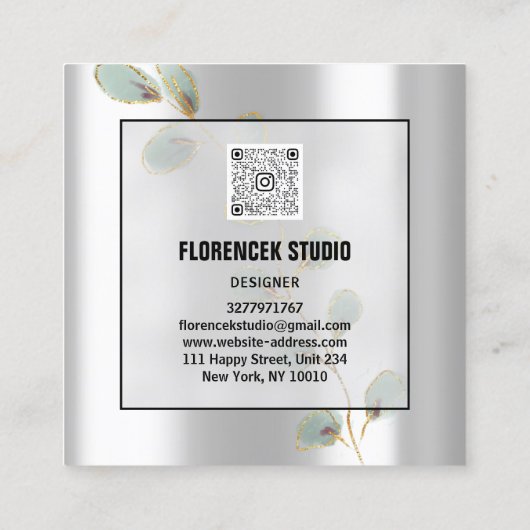 Aangepaste Logo QR CODE Silver Grey Gold Leafs Vierkante Visitekaartje (Achterkant)