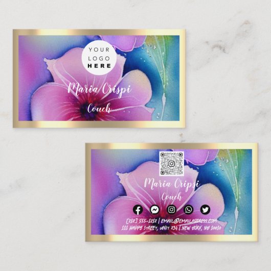 Aangepaste Logo QR Code Waterverf Gold Social Flow Visitekaartje (Voorkant / Achterkant)