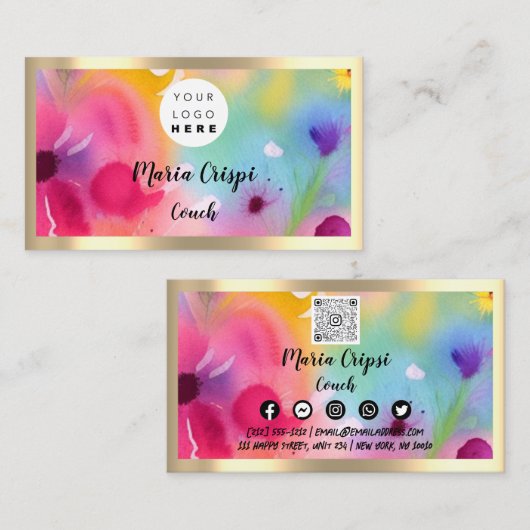 Aangepaste Logo QR Code Waterverf Gold Social Medi Visitekaartje (Voorkant / Achterkant)
