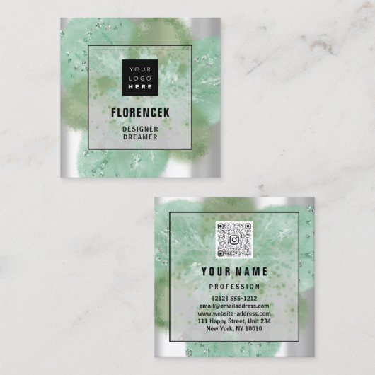 Aangepaste Logo QR-CODE Zilvergrijze Floral Abstra Vierkante Visitekaartje (Voorkant / Achterkant)